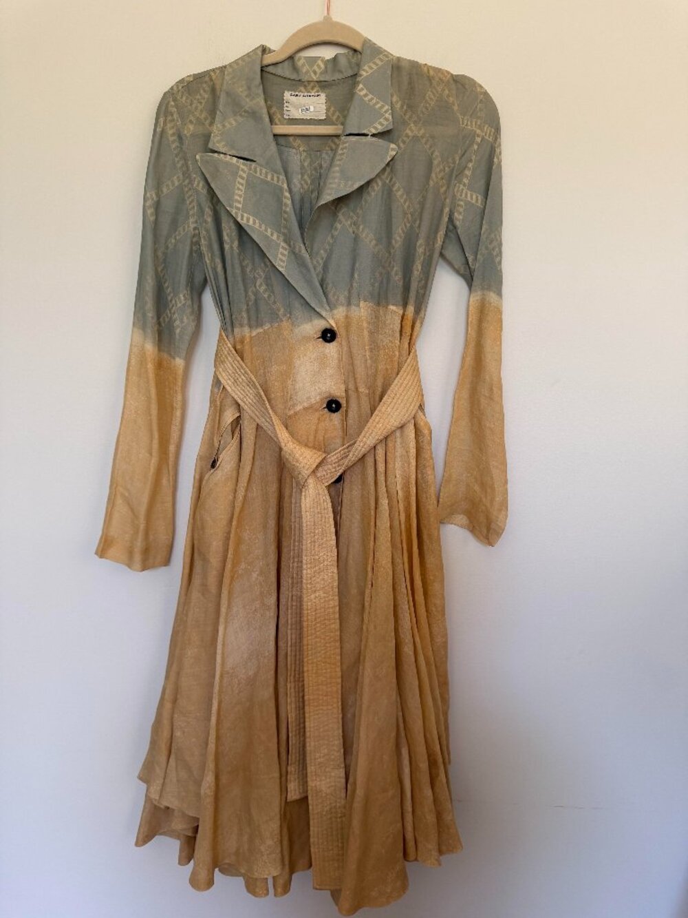 Gary Graham Belted Trench Coat Midi Dress Whimsigoth Vintage Green Tan - 4 -RARE